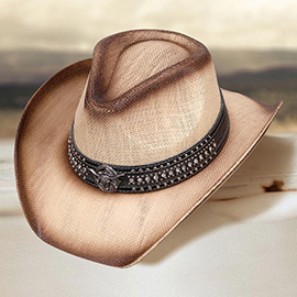 Metal Steer Head Studded Faux Leather Band Western Straw Cowboy Fedora Hat