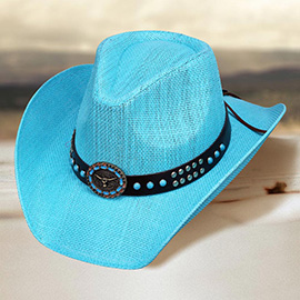 Turquoise Stone Embellished Metal Steer Head Studded Faux Leather Band Western Straw Cowboy Fedora Hat