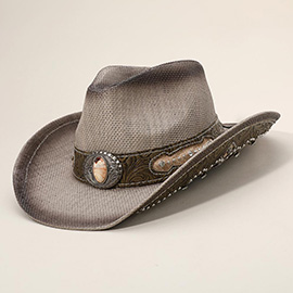 Stone Stud Leather Band Ornate Brim Western Straw Cowboy Fedora Hat