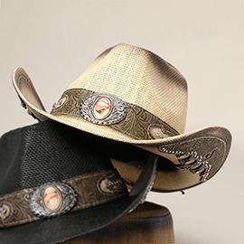 Stone Stud Leather Band Ornate Brim Western Straw Cowboy Fedora Hat