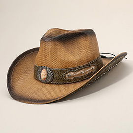 Stone Stud Leather Band Ornate Brim Western Straw Cowboy Fedora Hat