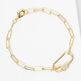 Gold Dipped CZ Stone Paved Carabiner Pointed Paperclip Chain Bracelet