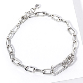 White Gold Dipped CZ Stone Paved Link Pointed Paperclip Chain Bracelet