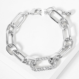 White Gold Dipped CZ Stone Paved Oval Ring Pointed Link Chain Bracelet