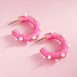 Pearl Embellished Marbled Enamel Hoop Earrings