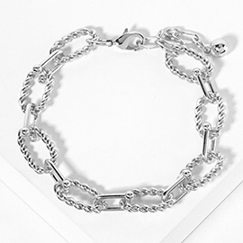 White Gold Dipped Textured Oval Link Chain Bracelet