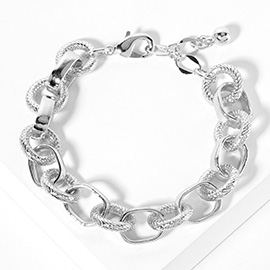 White Gold Dipped Textured Ring Link Chunky Chain Bracelet