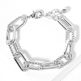 White Gold Dipped Textured Oval Link Chain Bracelet