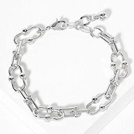 White Gold Dipped Bead Pointed Oval Link Chain Bracelet