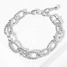 White Gold Dipped Bead Pointed Oval Rope Ring Link Chain Bracelet