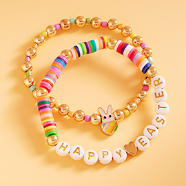 2PCS - Enamel Easter Bunny Pointed HAPPY EASTER Message Metal Ball Heishi Beaded Stretch Multi Layered Bracelets