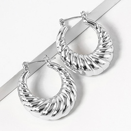 White Gold Dipped Croissant Textured Pin Catch Hoop Earrings