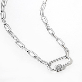 White Gold Dipped CZ Stone Paved Carabiner Pendant Paperclip Chain Necklace