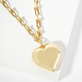 Gold Dipped Chunky Puff Heart Pendant Industrial Chain Necklace