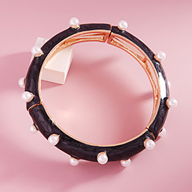 Pearl Embellished Marbled Enamel Stretch Bangle Bracelet