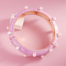 Pearl Embellished Marbled Enamel Stretch Bangle Bracelet