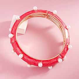 Pearl Embellished Marbled Enamel Stretch Bangle Bracelet