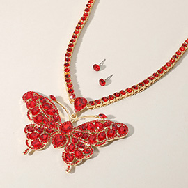 Rhinestone Embellished Butterfly Pendant Accented Tennis Chain Evening Necklace