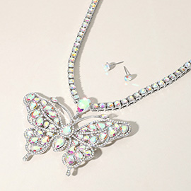 Rhinestone Embellished Butterfly Pendant Accented Tennis Chain Evening Necklace