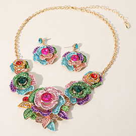 Round Stone Accented Rhinestone Paved Rose Embellished Statement Necklace