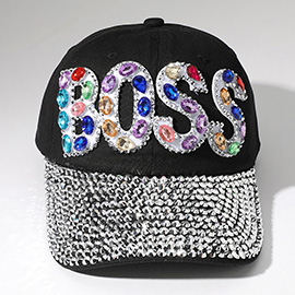 Oval Rhinestone Cluster Embellished BOSS Message Bling Studded Glam Baseball Cap