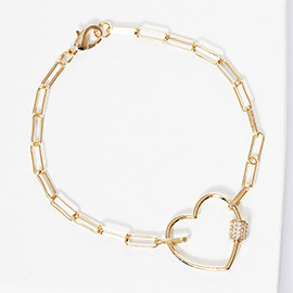 Gold Dipped CZ Stone Paved Open Heart Carabiner Pointed Paperclip Chain Bracelet