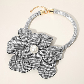 Pearl Centered Bling Studded Oversized Flower Pointed Necklace