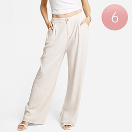 Elastic Waist Solid Front Button Wide Leg Pants