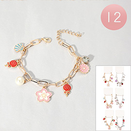 12PCS - Pearl Enamel Flower Candy Starfish Shell Fruit Stone Charm Station Paperclip Chain Bracelet