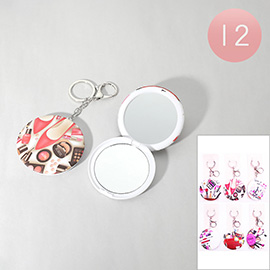 12PCS - Cosmetic Printed Compact Mirror Keychains