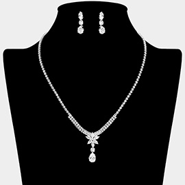 CZ Stone Paved Teardrop Dangle Flower Pendant Pointed Necklace