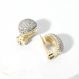 14K Gold Plated CZ Stone Paved Oval Clip On Earrings