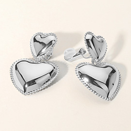 Double Metal Heart Dangle Clip On Earrings