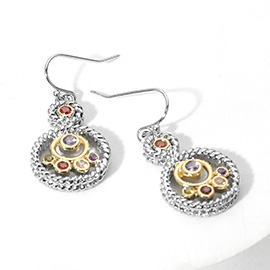 14K Gold Plated Colorful CZ Stone Embellished Double Disc Dangle Earrings