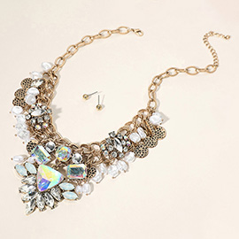 Stone Cluster Pearl Metal Medal Embellished Chunky Statement Necklace