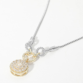 14K Gold Plated CZ Stone Paved Two Tone Disc Pendant Necklace