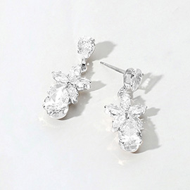 Flower Teardrop CZ Stone Cluster Dangle Evening Earrings