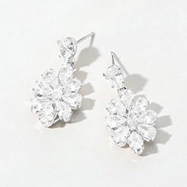 Flower CZ Stone Cluster Dangle Evening Earrings