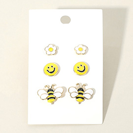 3Pairs - Enamel Flower Smile Face Honey Bee Stud Earrings