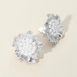 Pearl Embellished Textured Metal Flower Clip On Earrings