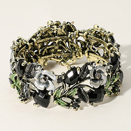 Glass Crystal Metal Flower Leaf Evening Bracelet