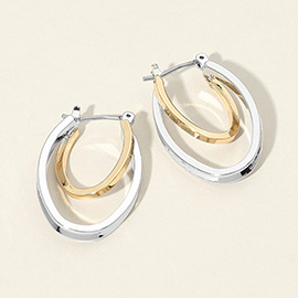 Two Tone Metal Oval Hoop Pin Catch Earrings