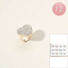 12PCS - Stone Paved Heart Adjustable Rings