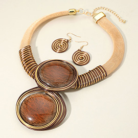 Metal Wire Wrapped Bold Resin Double Pendant Accented Statement Necklace