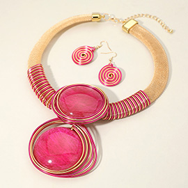 Metal Wire Wrapped Bold Resin Double Pendant Accented Statement Necklace