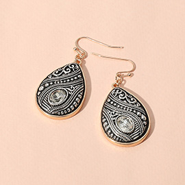 Oval Stone Pointed Antique Metal Teardrop Dangle Earrings