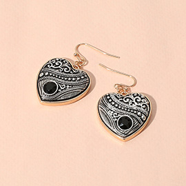 Round Stone Pointed Antique Metal Heart Dangle Earrings