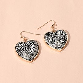 Round Stone Pointed Antique Metal Heart Dangle Earrings