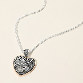 Round Stone Pointed Antique Metal Heart Pendant Necklace