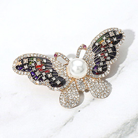 Pearl Rhinestone Pave Butterfly Pin Brooch